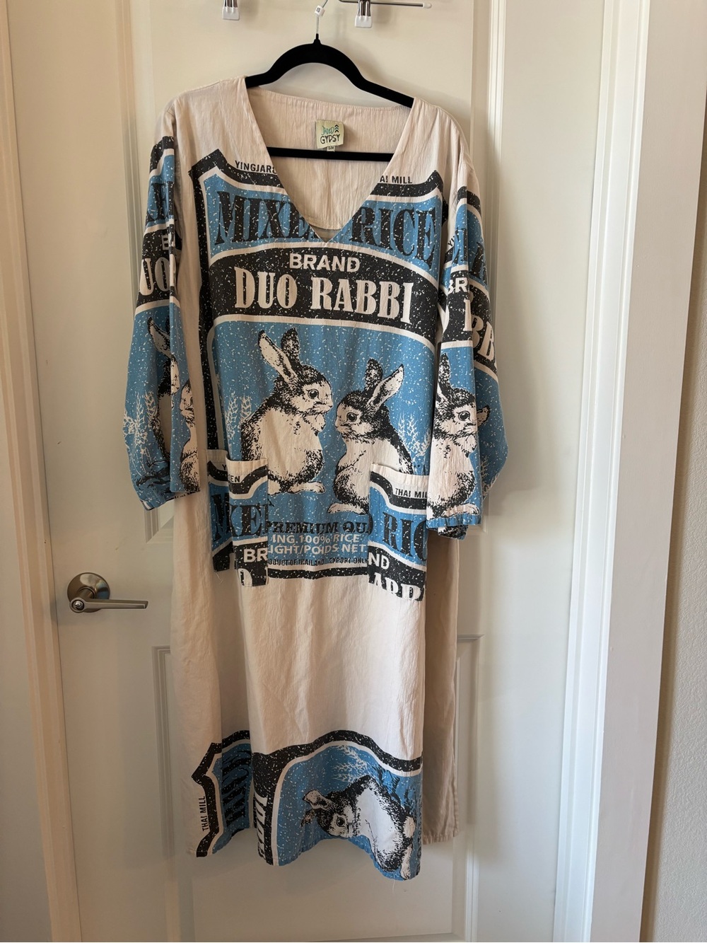 Jaded Gypsy Graphic Bunny Print Maxi Dress in Blue and Cream